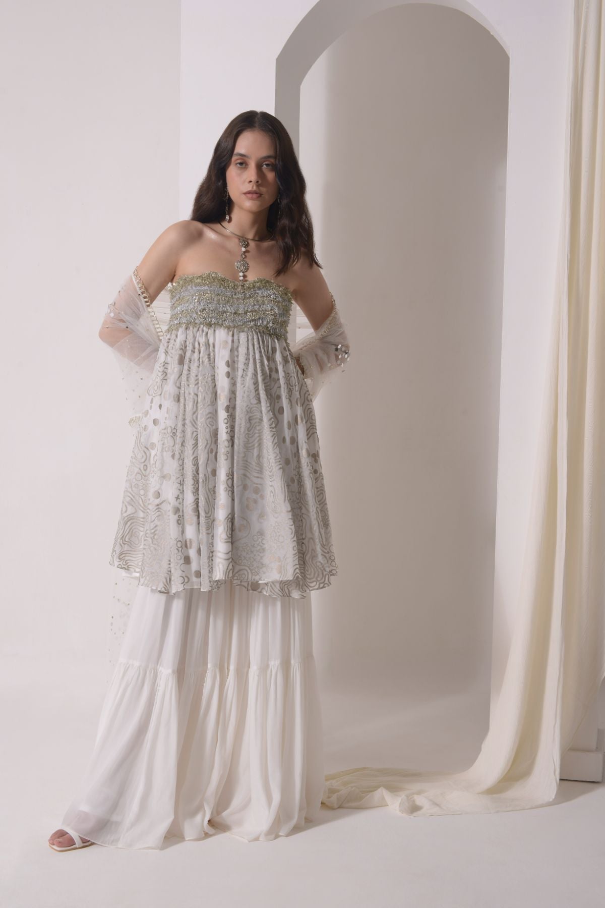 Foil tassel tunic with sharara and tulle dupatta