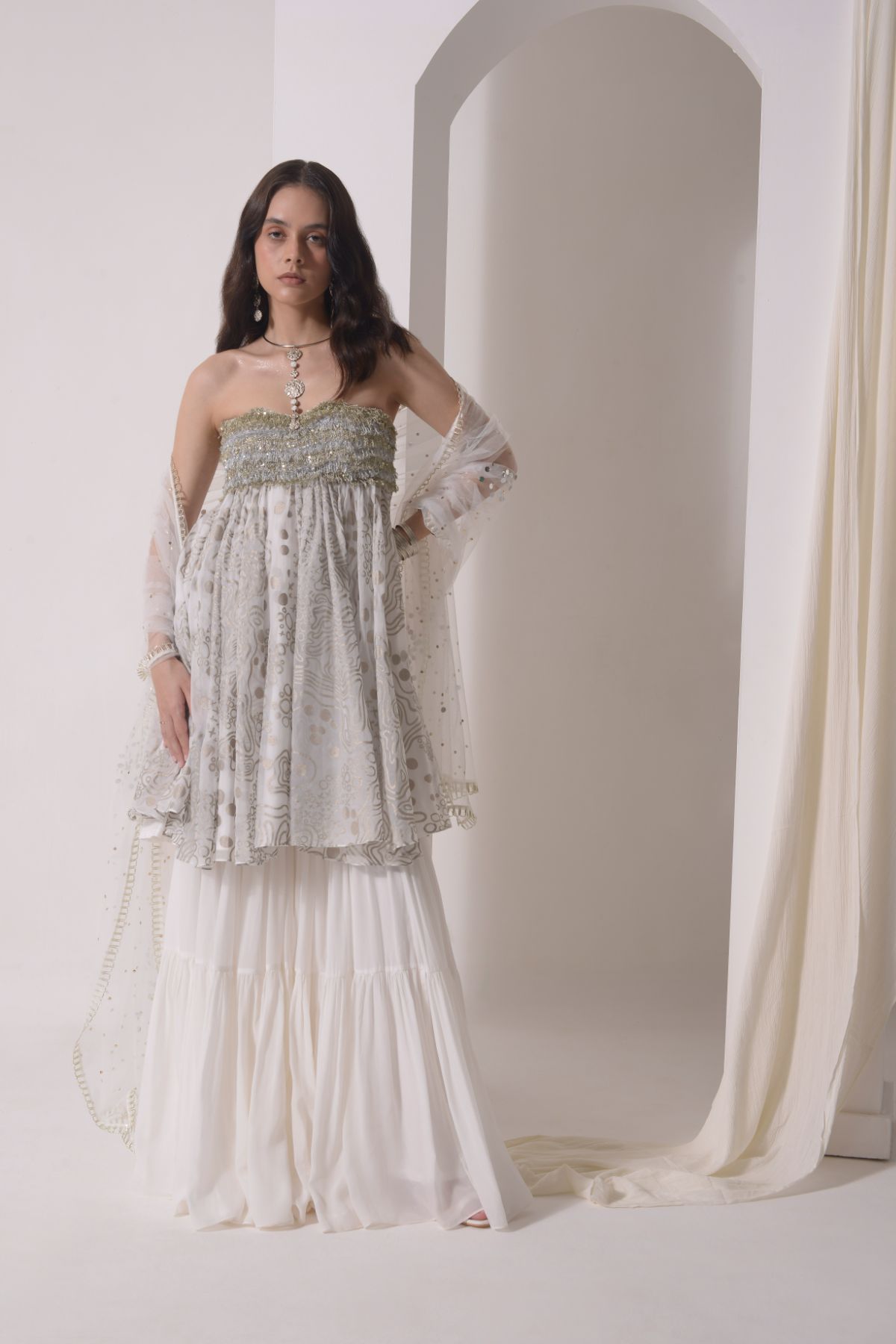 Foil tassel tunic with sharara and tulle dupatta
