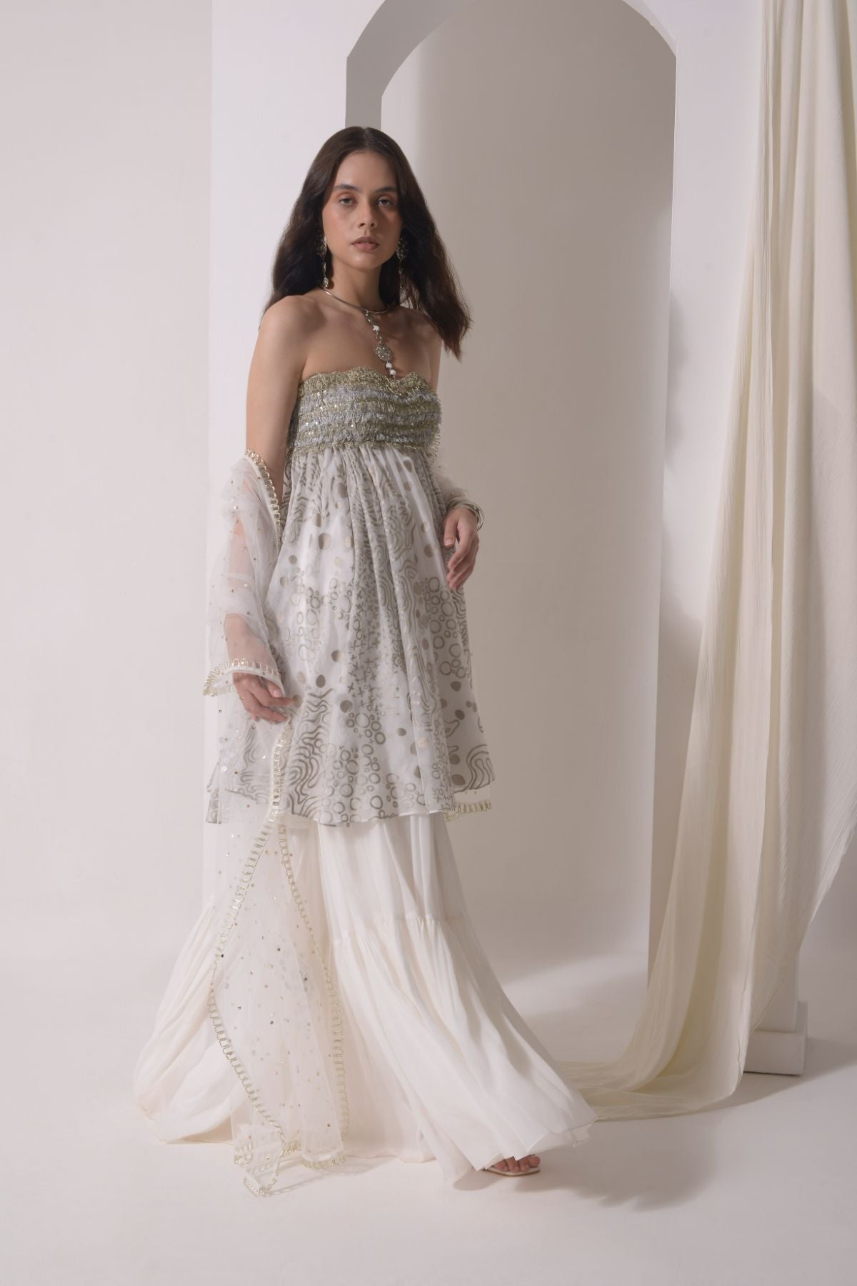 Foil tassel tunic with sharara and tulle dupatta