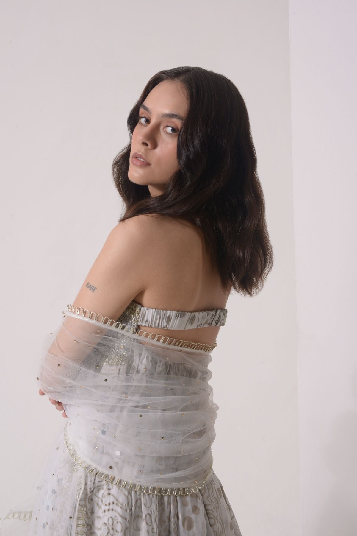 Foil tassel tunic with sharara and tulle dupatta