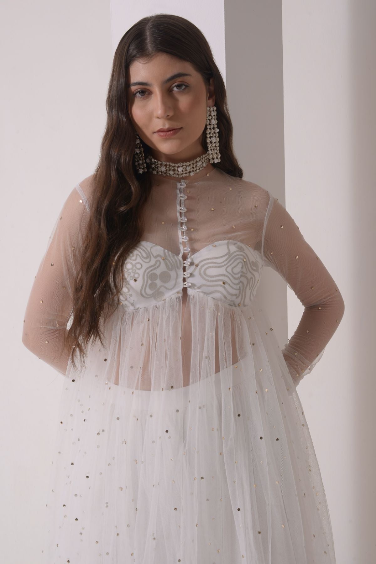 Ruched tulle jacket with tiered sharara