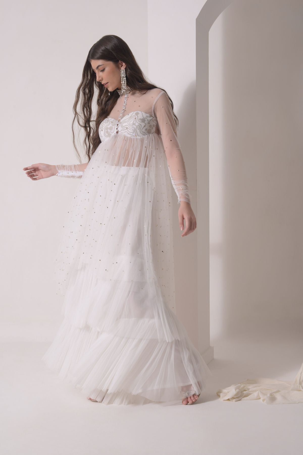 Ruched tulle jacket with tiered sharara