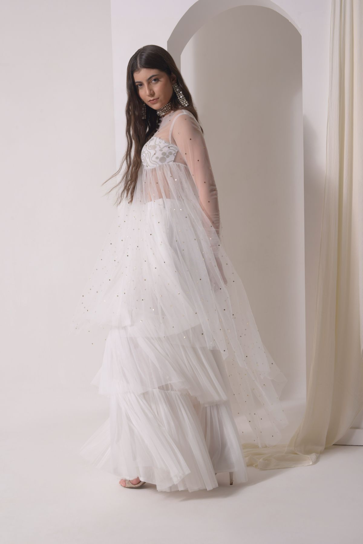 Ruched tulle jacket with tiered sharara