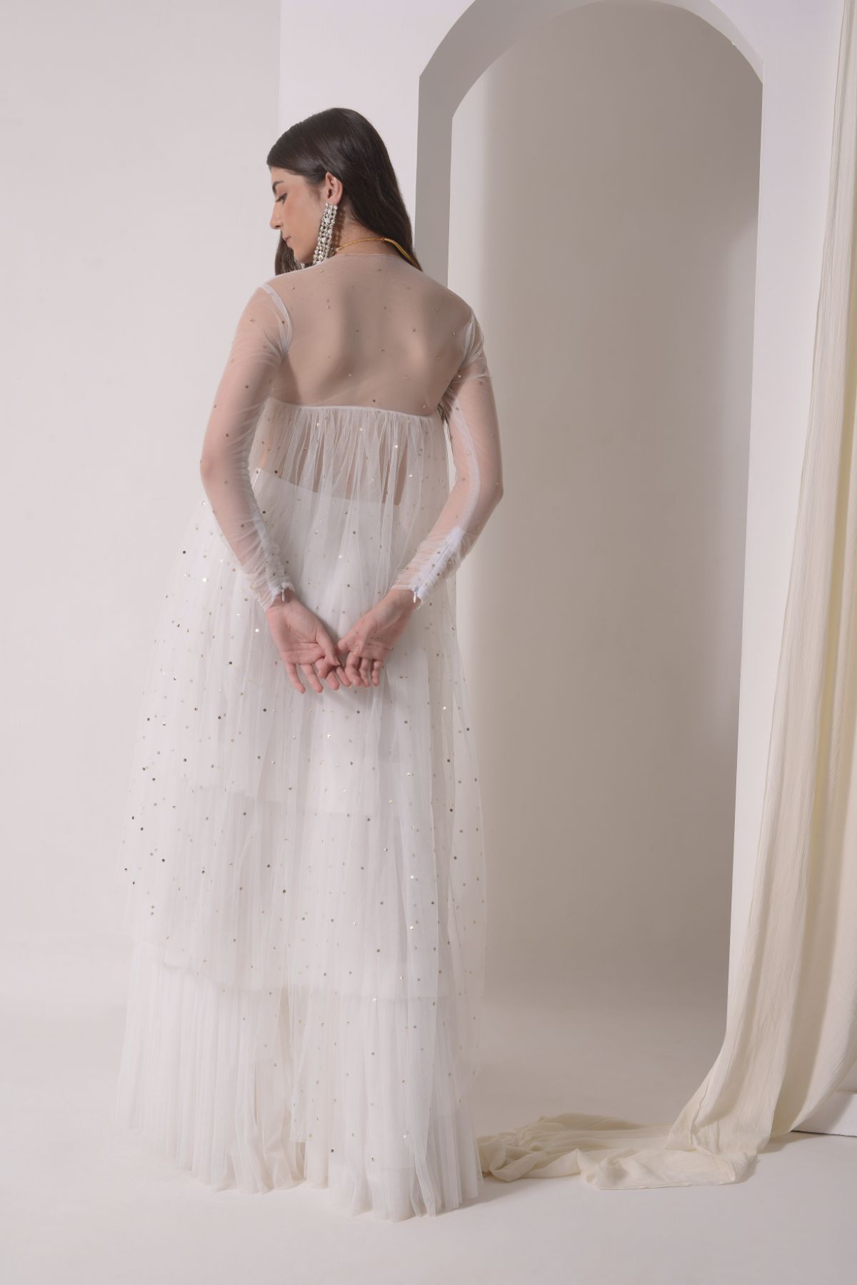 Ruched tulle jacket with tiered sharara