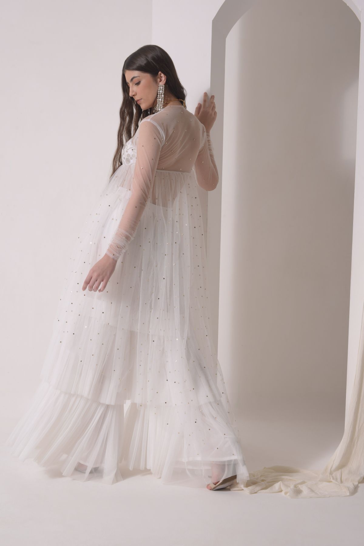 Ruched tulle jacket with tiered sharara