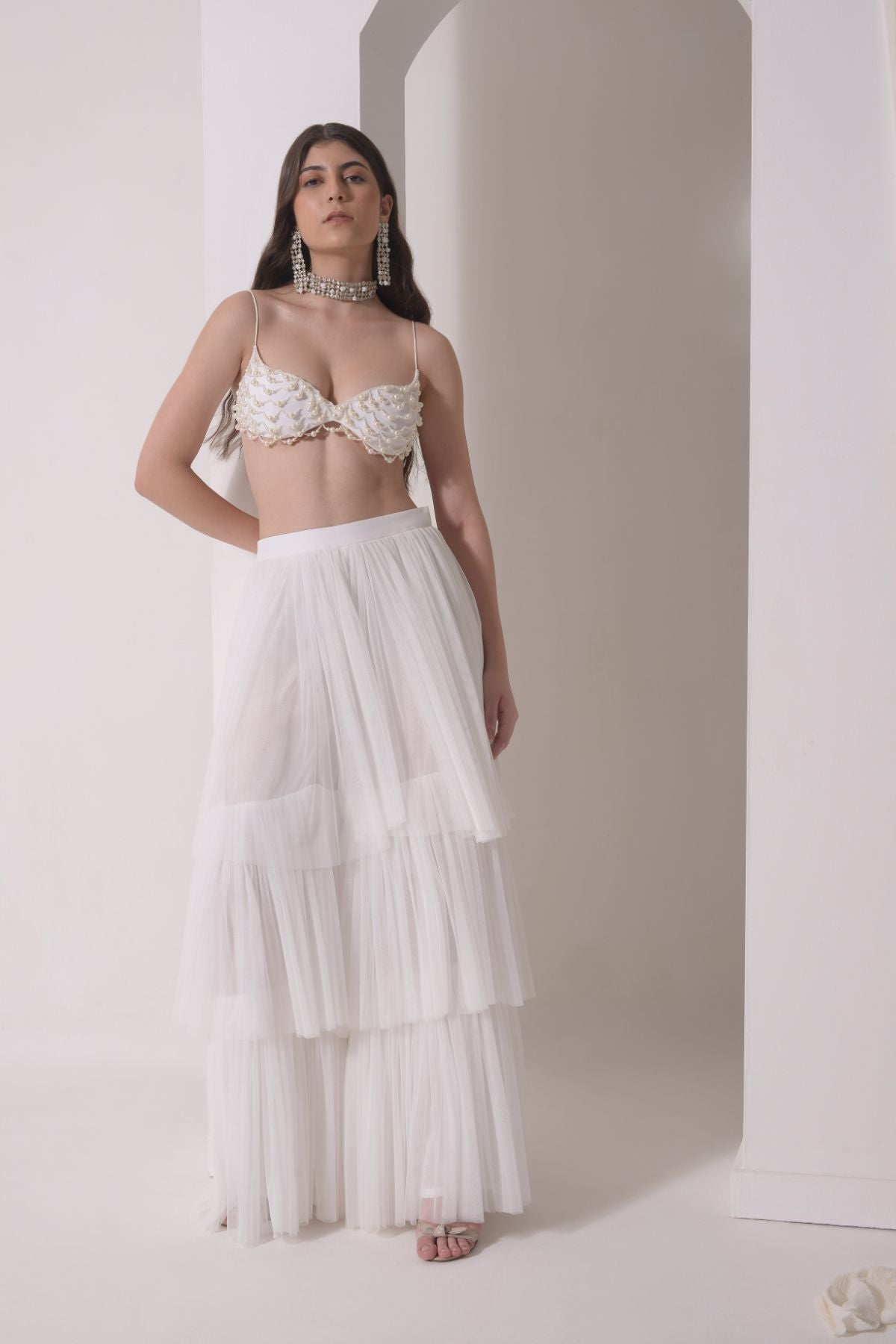 Tiered tulle sharara with beaded bustier and tulle dupatta
