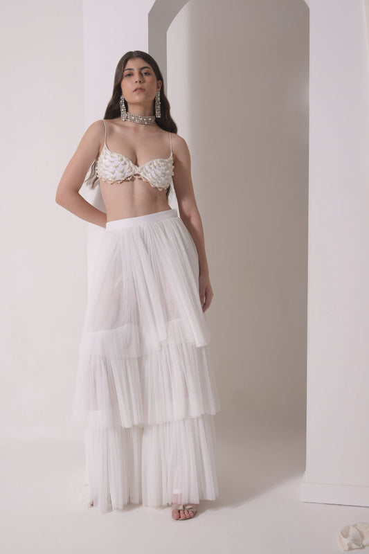 Tiered tulle sharara with beaded bustier and tulle dupatta