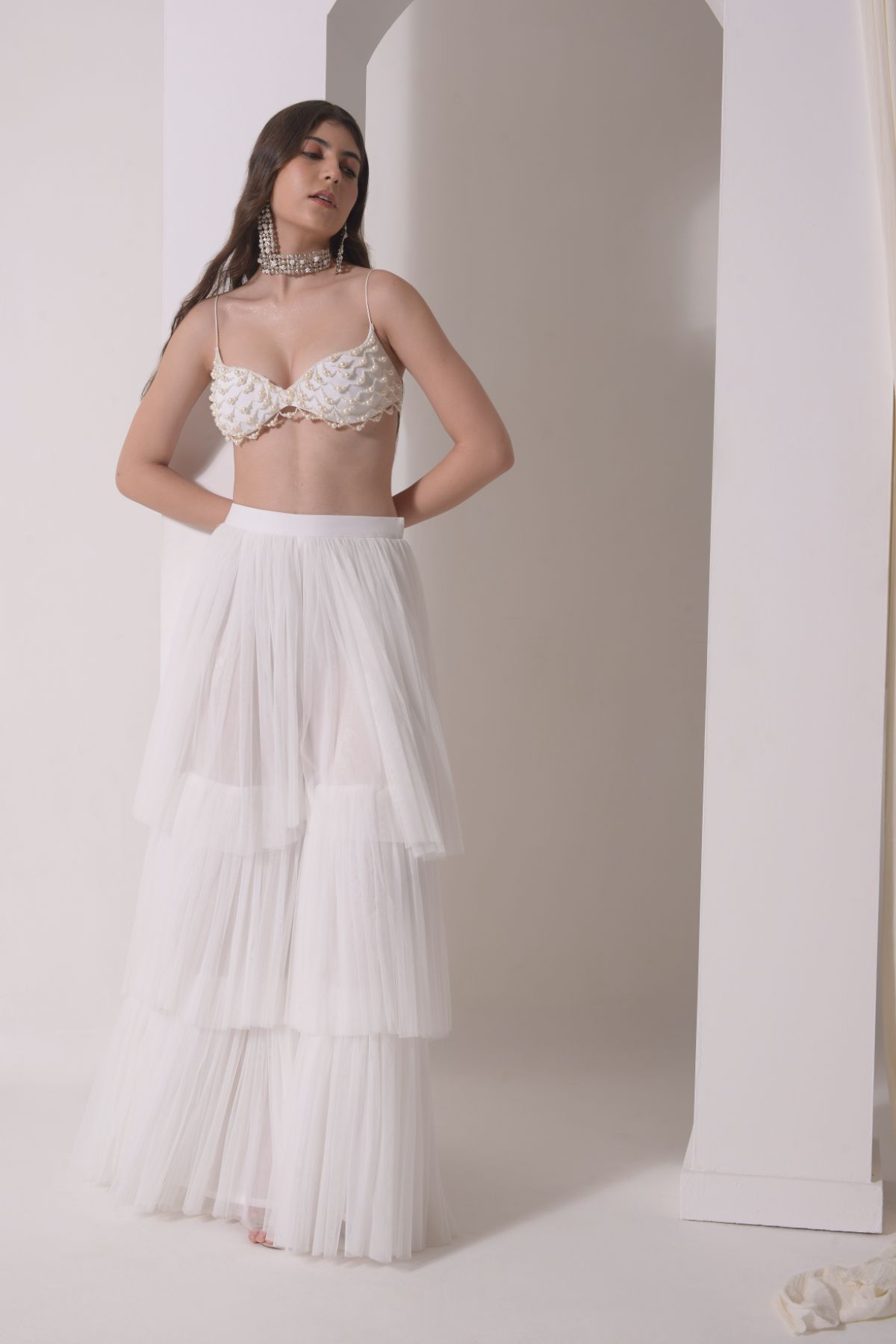 Tiered tulle sharara with beaded bustier and tulle dupatta