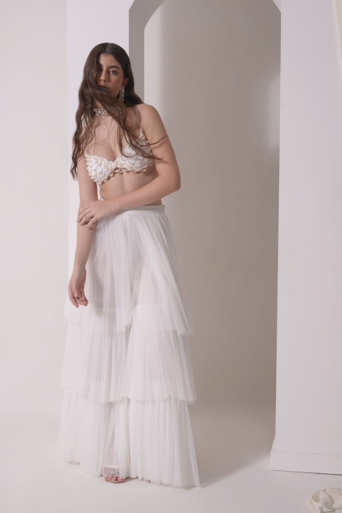Tiered tulle sharara with beaded bustier and tulle dupatta