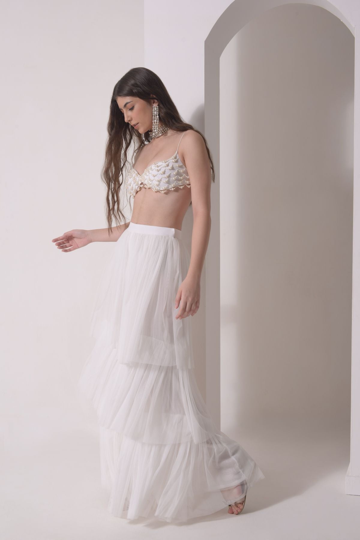 Tiered tulle sharara with beaded bustier and tulle dupatta