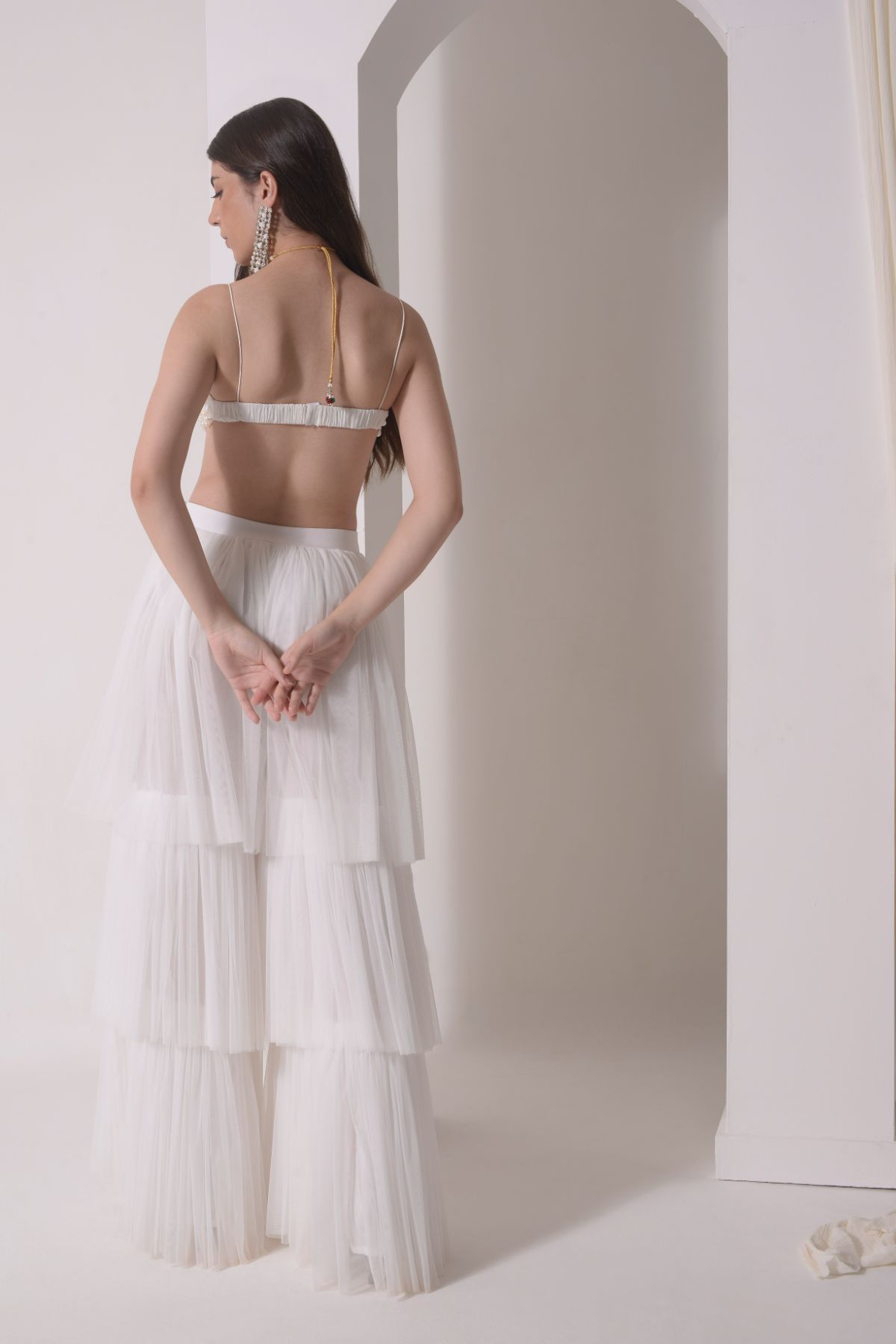 Tiered tulle sharara with beaded bustier and tulle dupatta