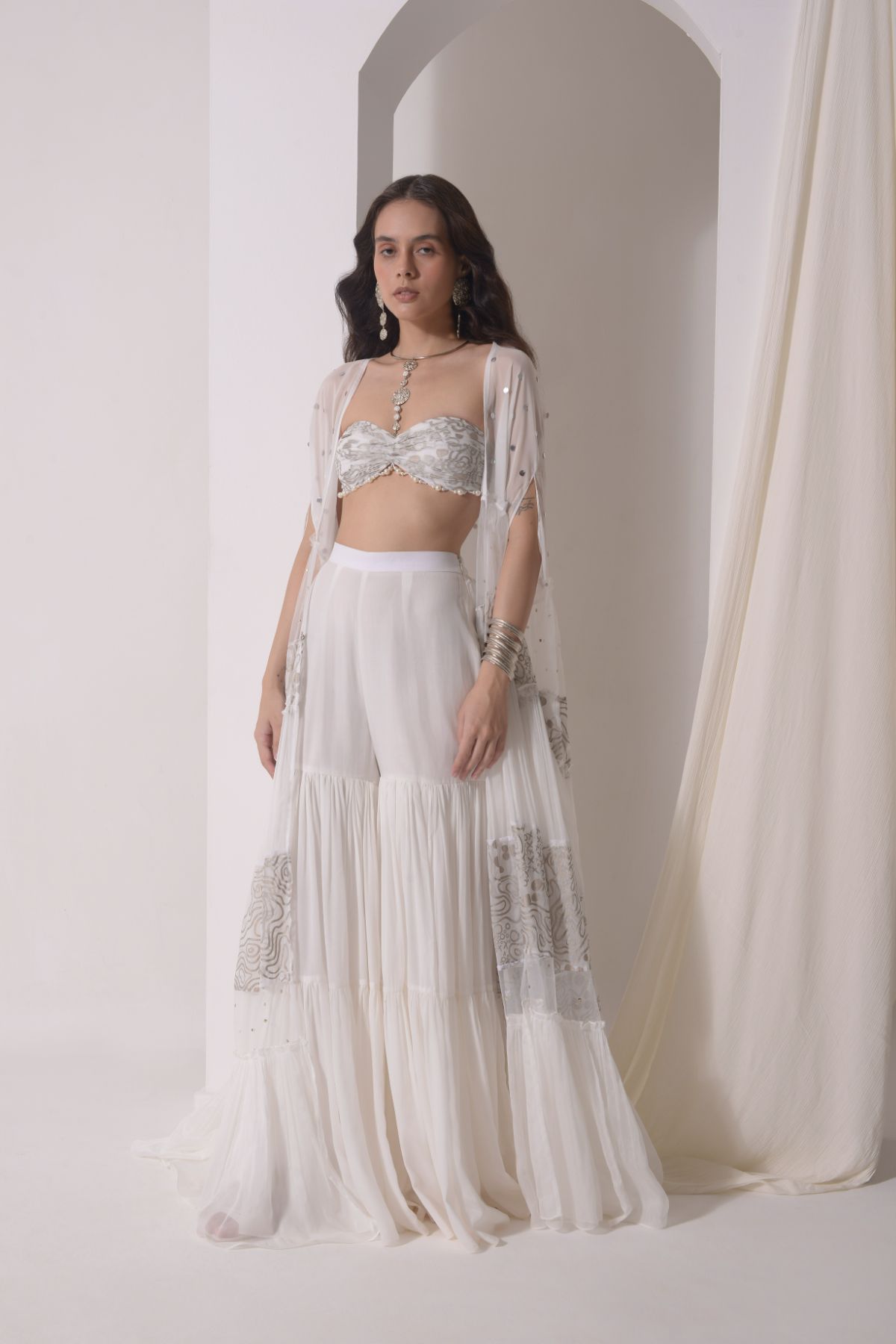 Ruched layered jacket with beaded foil bustier and sharara