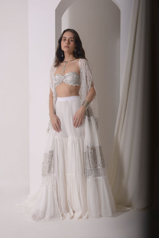 Ruched layered jacket with beaded foil bustier and sharara