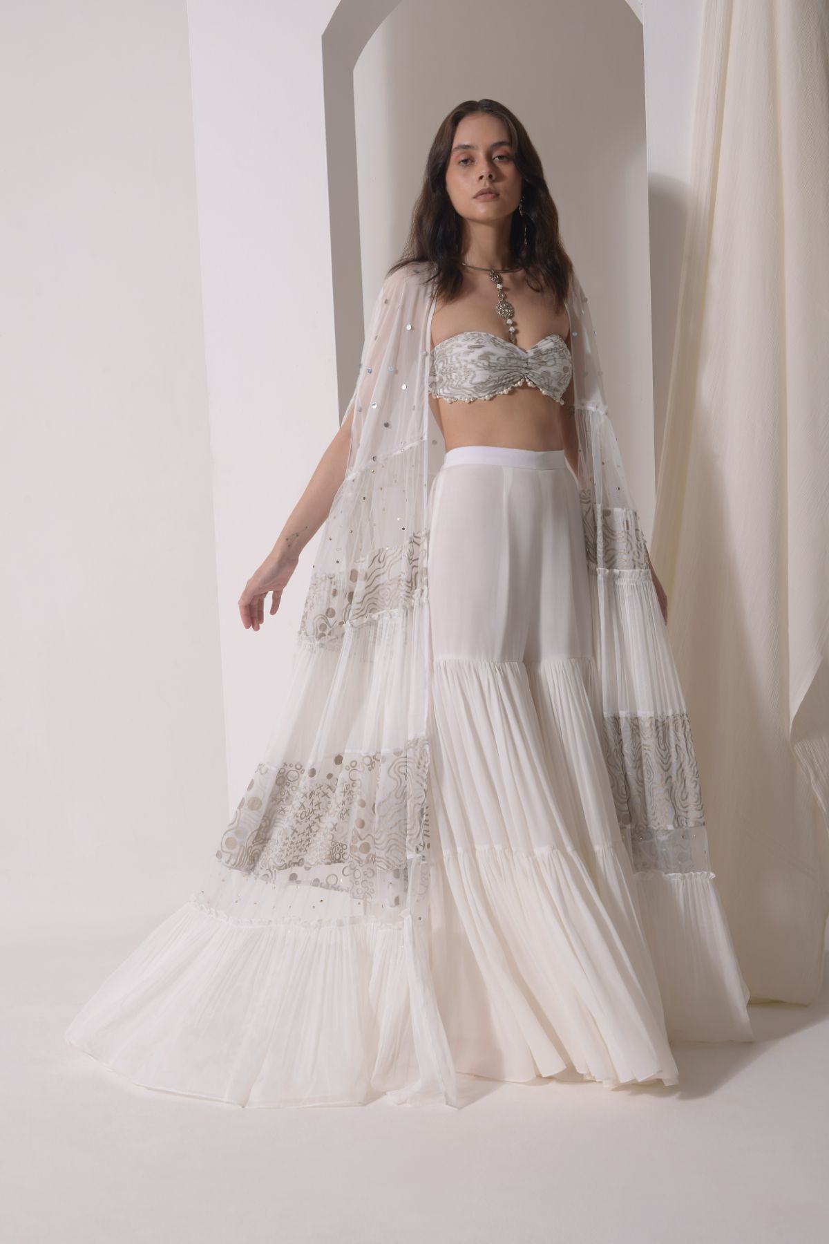 Ruched layered jacket with beaded foil bustier and sharara