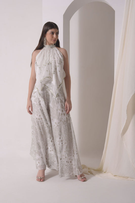 Asymmetrical halter top with foil sharara