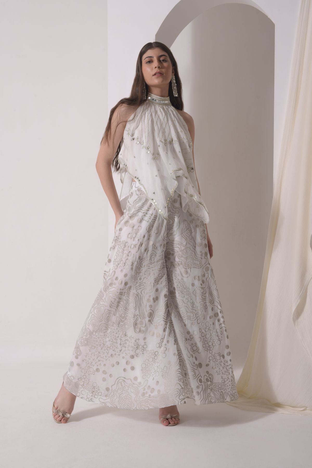 Asymmetrical halter top with foil sharara