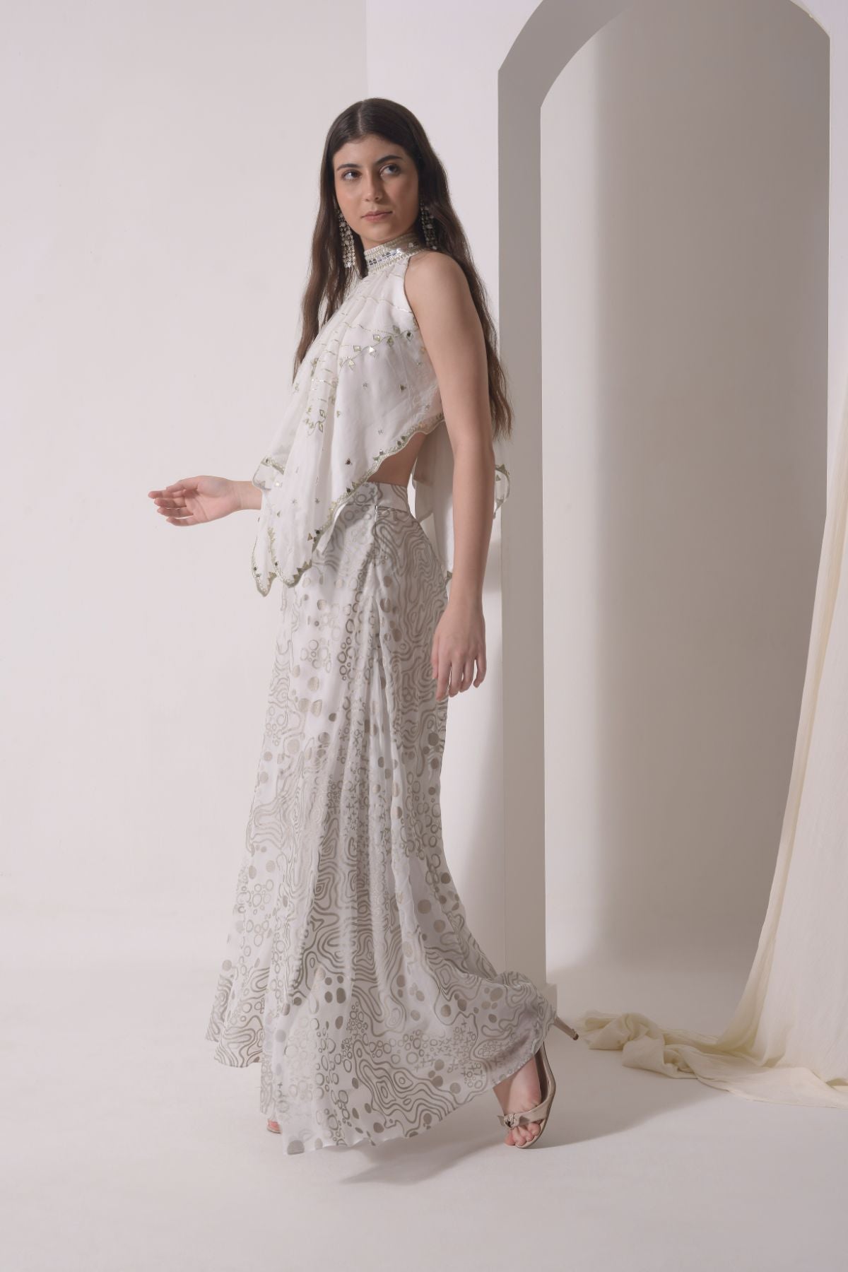 Asymmetrical halter top with foil sharara