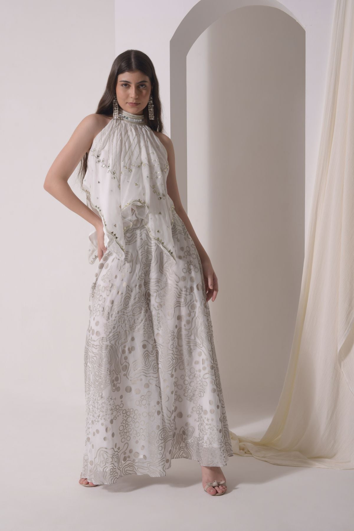 Asymmetrical halter top with foil sharara