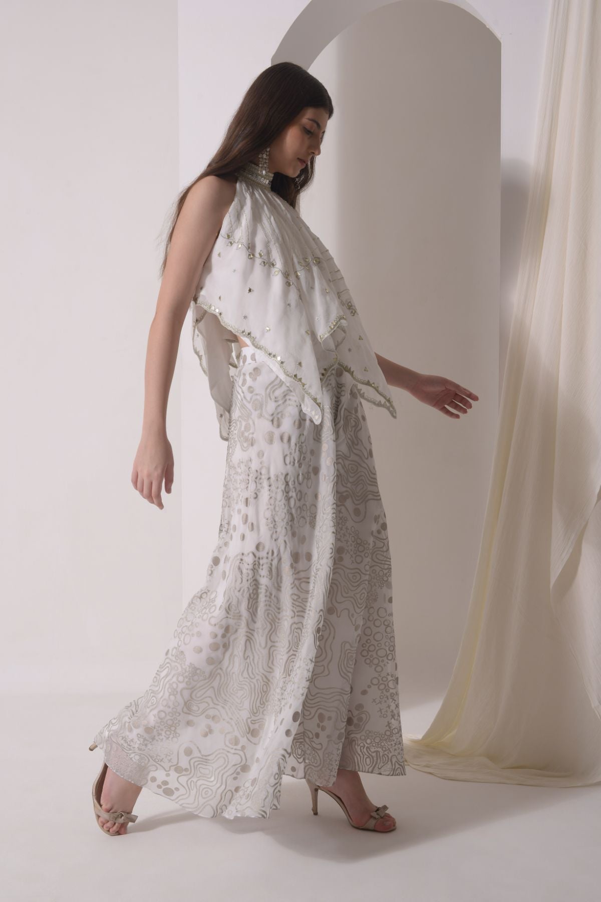 Asymmetrical halter top with foil sharara