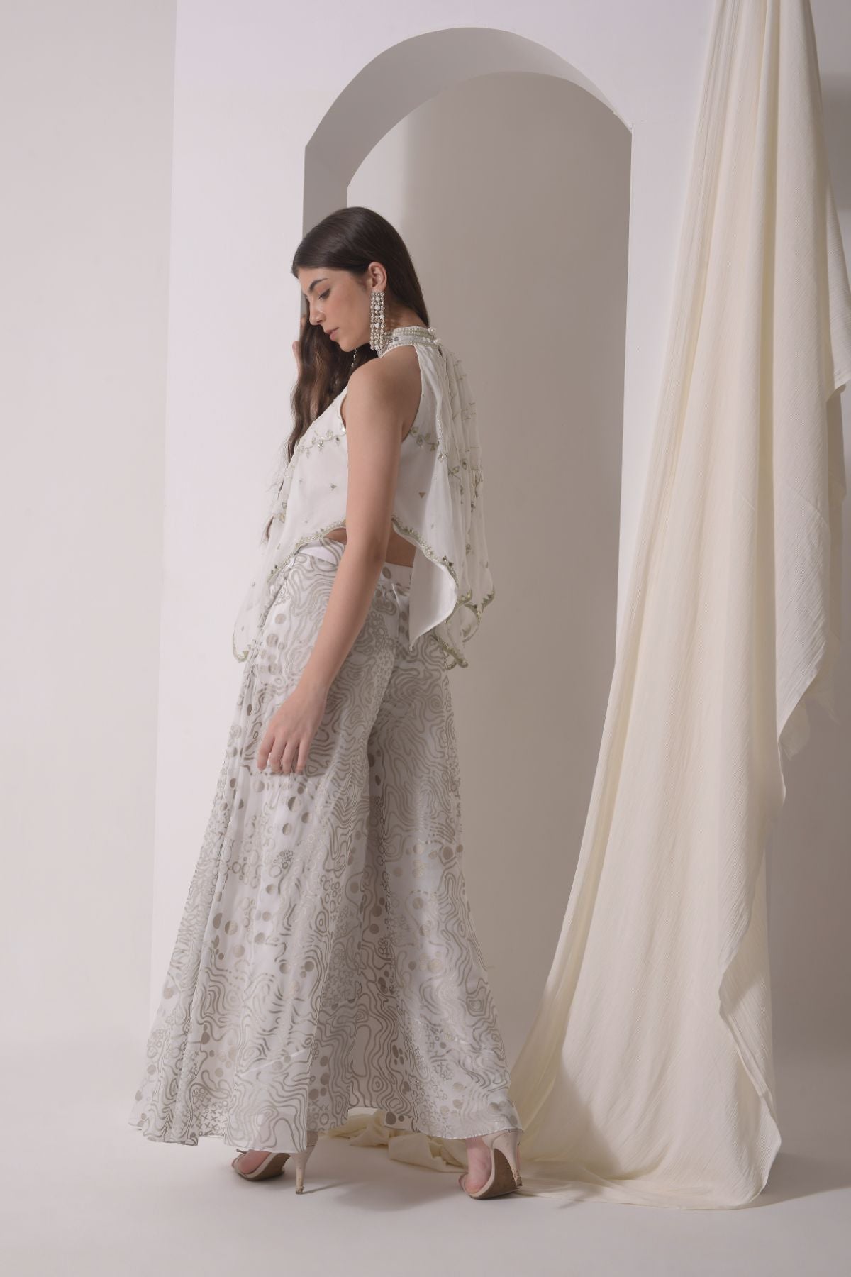 Asymmetrical halter top with foil sharara