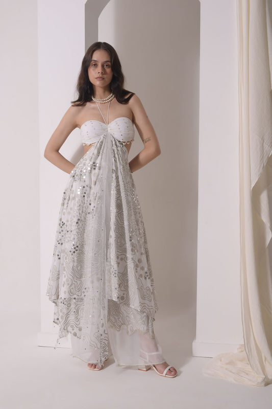 Asymmetrical ruched foil tunic with patchwork pants