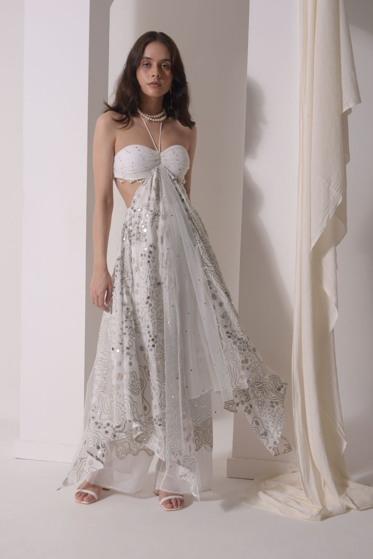 Asymmetrical ruched foil tunic with patchwork pants