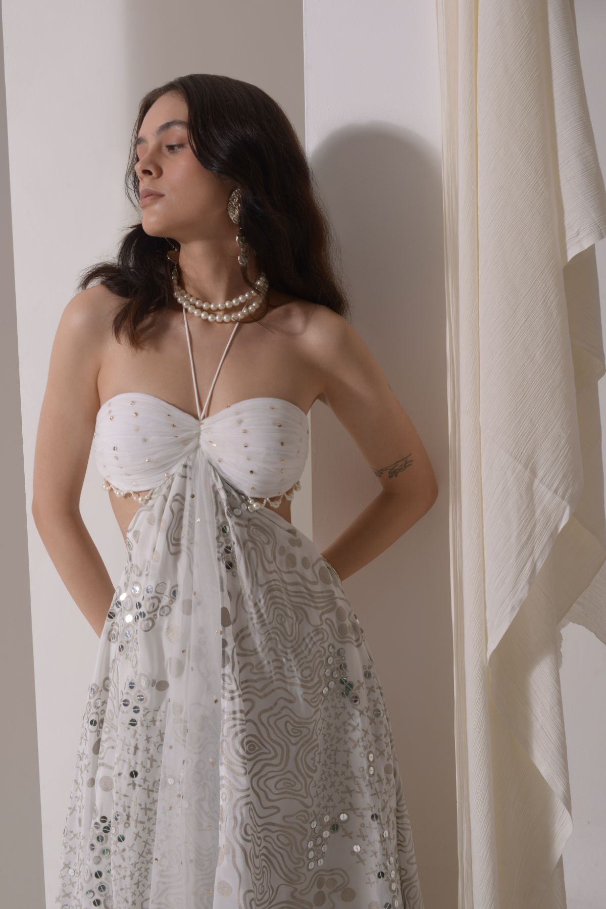 Asymmetrical ruched foil dress