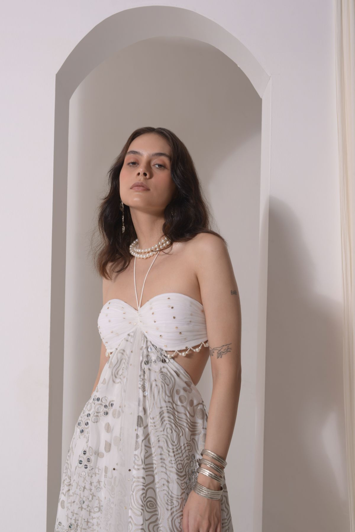 Foil tassel tunic with sharara and tulle dupatta