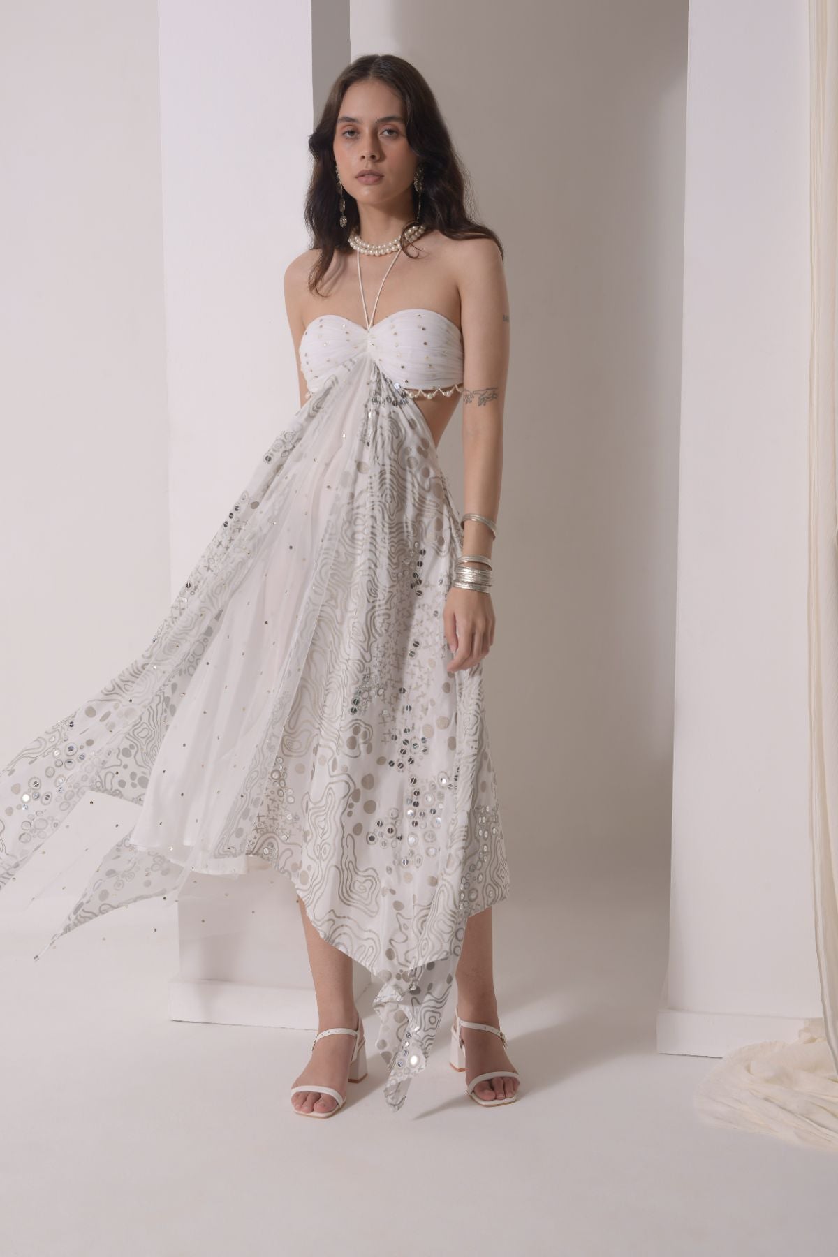 Asymmetrical ruched foil dress