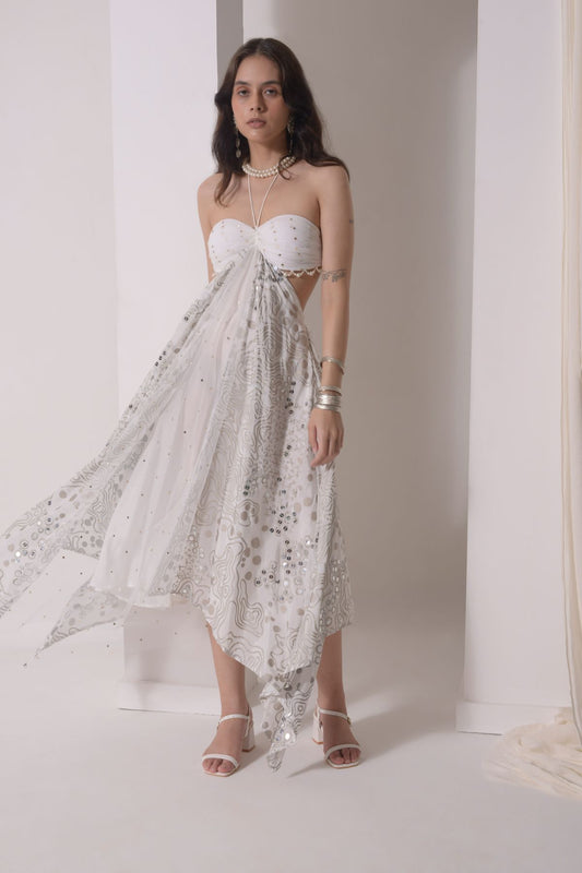 Asymmetrical ruched foil dress