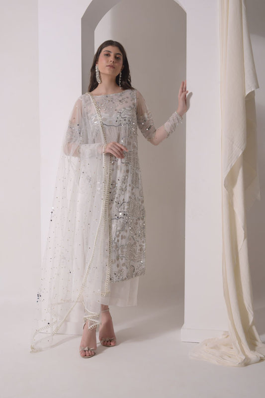 Foil twinkling kurta with A-line pants and tulle dupatta