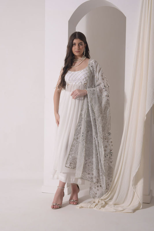 Corded Jaal kurta with A-line pants and foil dupatta