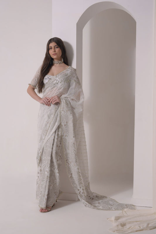 Foil patchwork saree with embroidered blouse