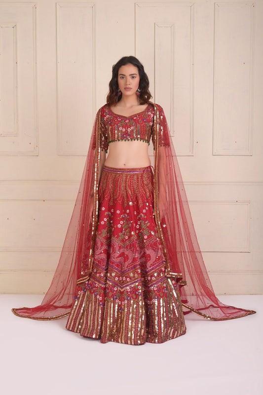 Embroidered Rashpberry Lehenga Set