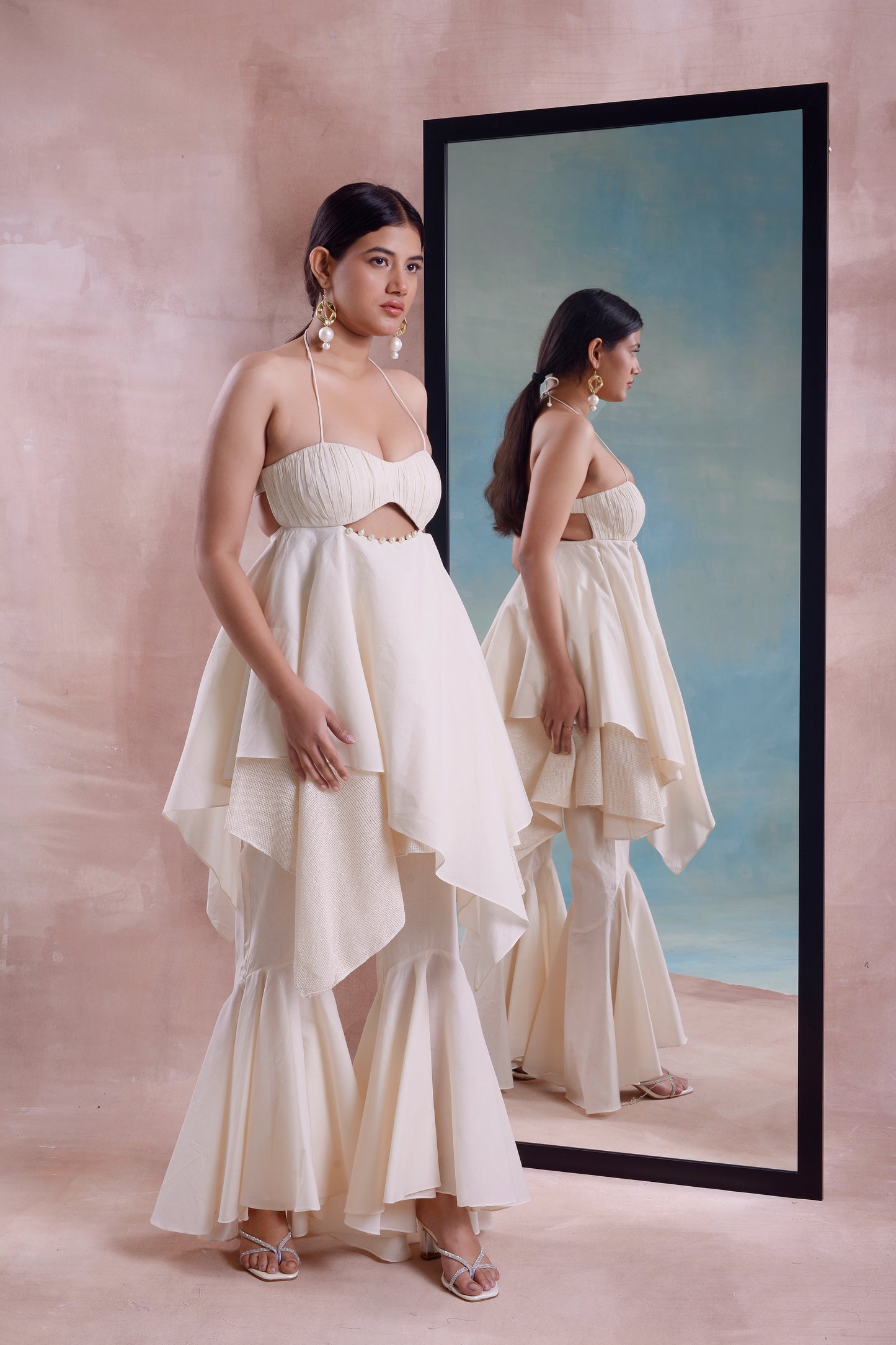 Asymmetrical Ruched Layered Tunic with High Low Sharara