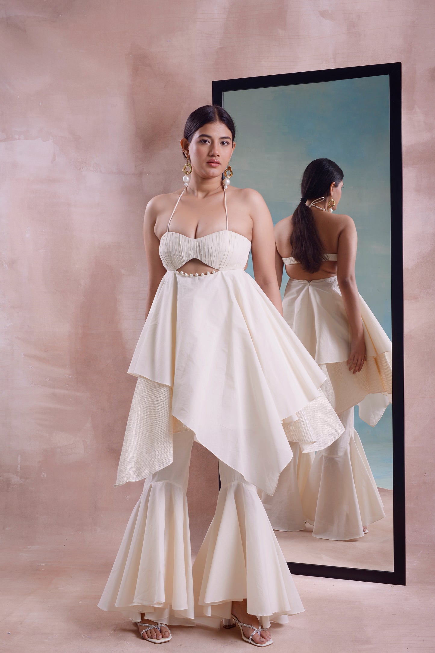 Asymmetrical Ruched Layered Tunic with High Low Sharara