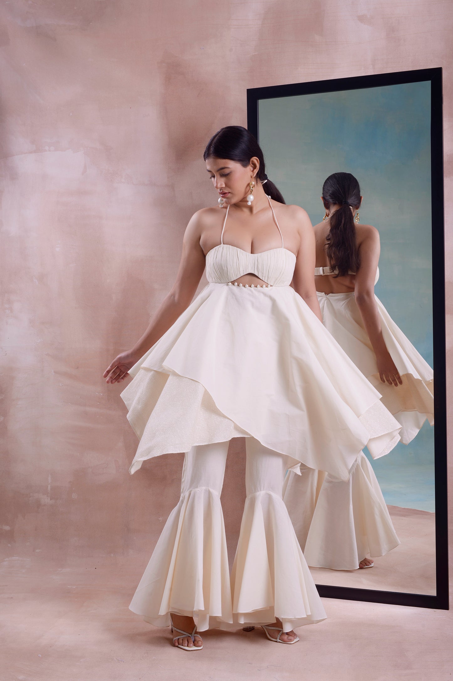 Asymmetrical Ruched Layered Tunic with High Low Sharara