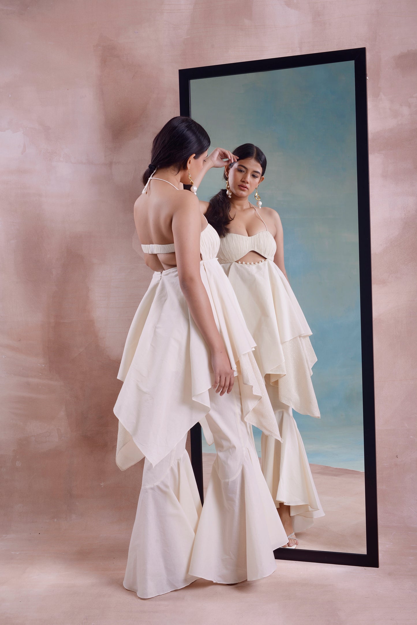 Asymmetrical Ruched Layered Tunic with High Low Sharara