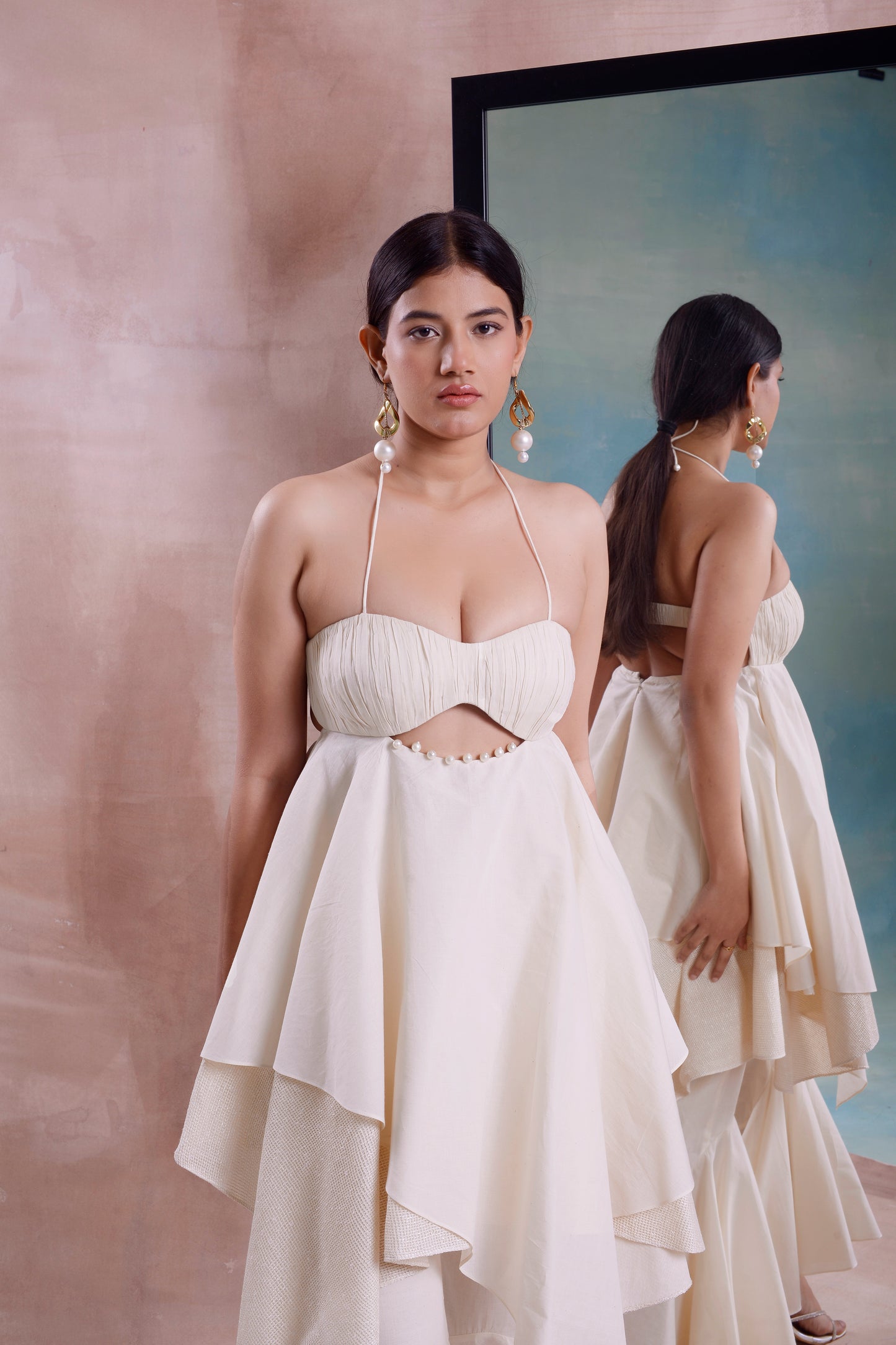 Asymmetrical Ruched Layered Tunic with High Low Sharara