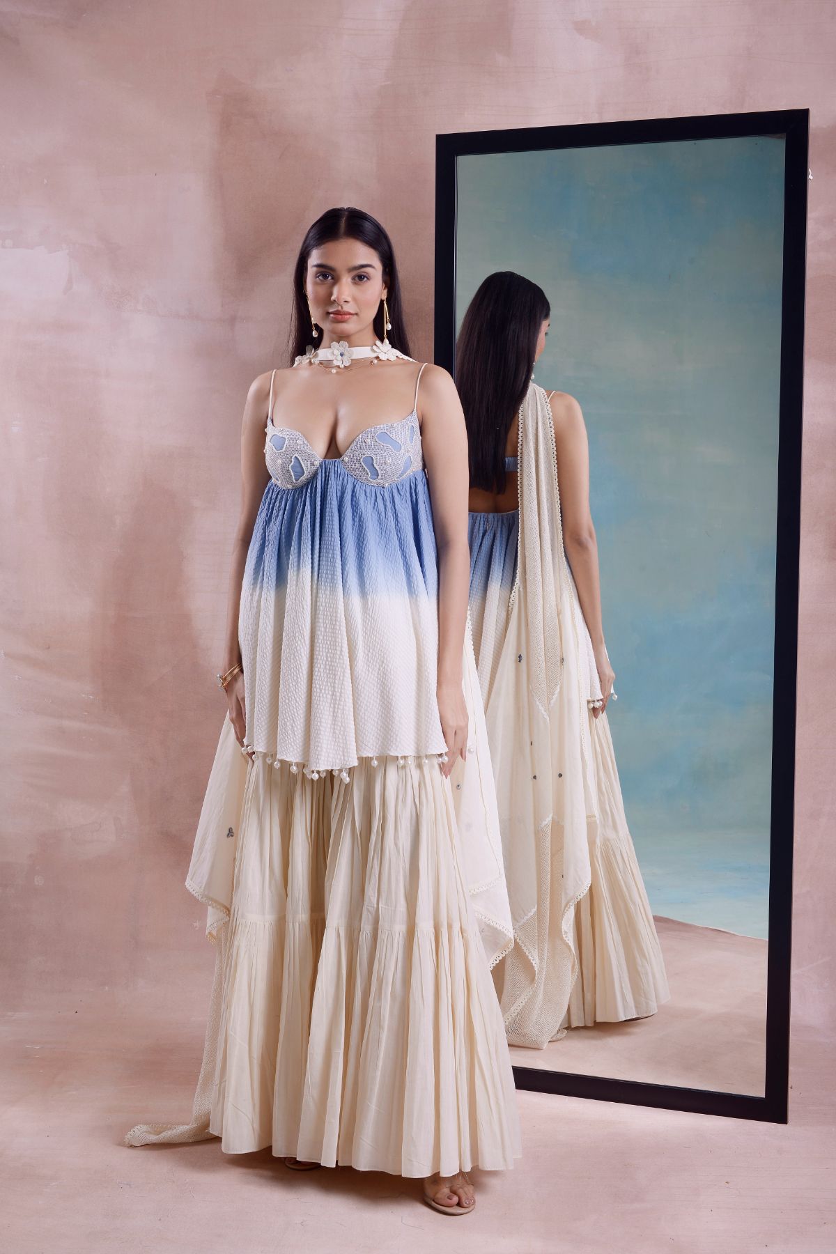 Ombre Beaded Bralette Tunic and Tiered Sharara