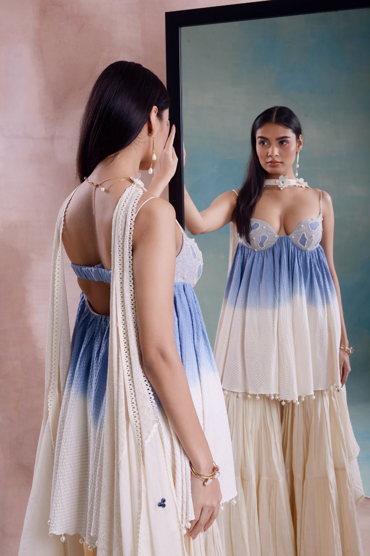 Ombre Beaded Bralette Tunic and Tiered Sharara
