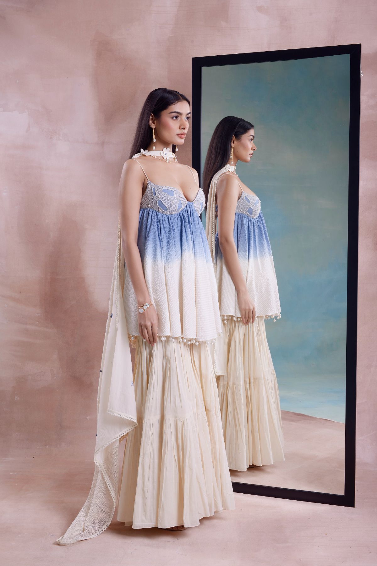 Ombre Beaded Bralette Tunic and Tiered Sharara