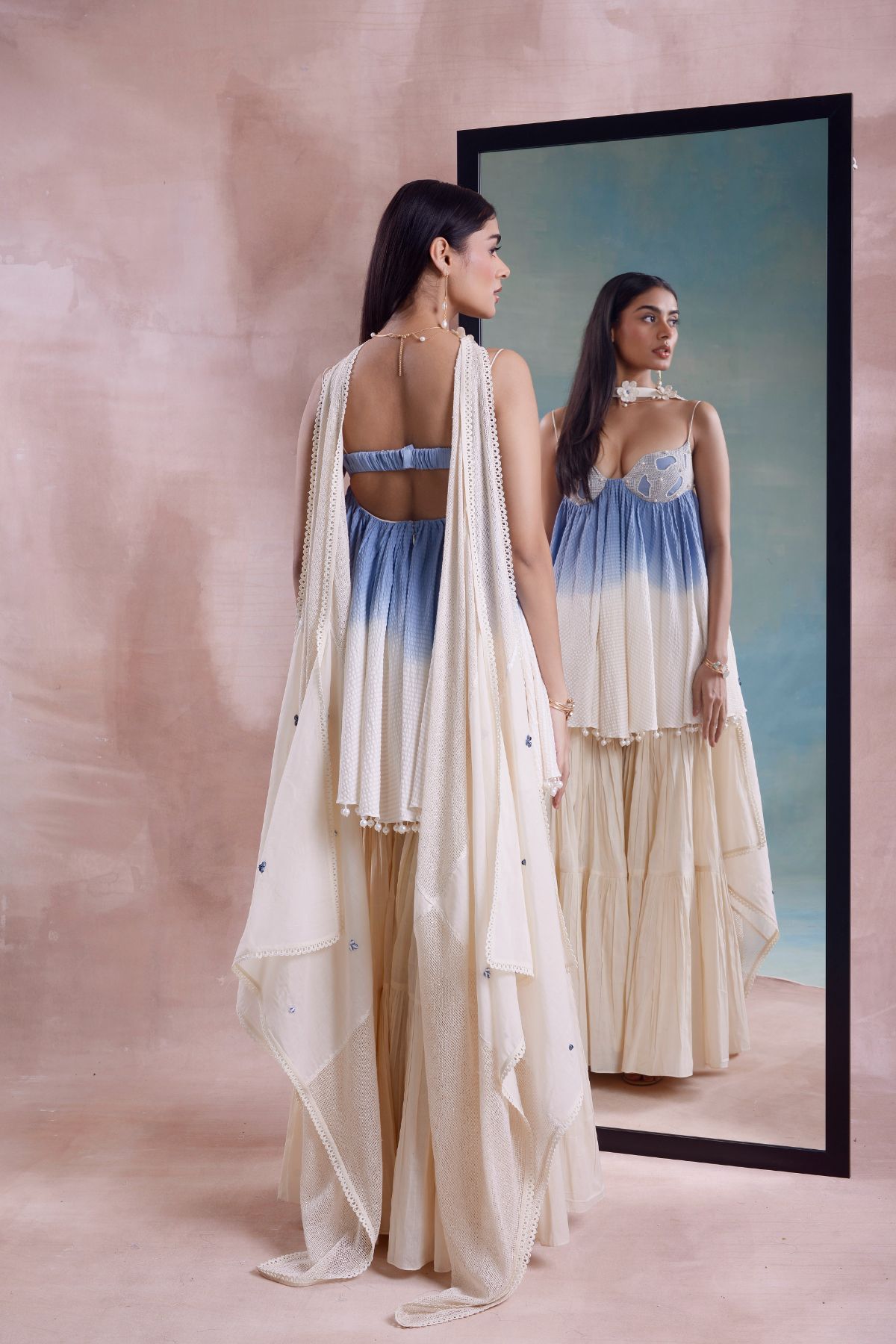 Ombre Beaded Bralette Tunic and Tiered Sharara