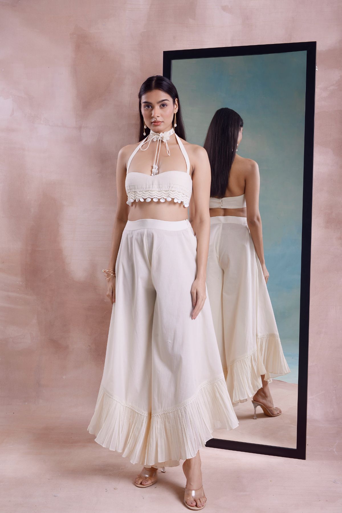 Frill Cropped Pants with Pleated Bustier