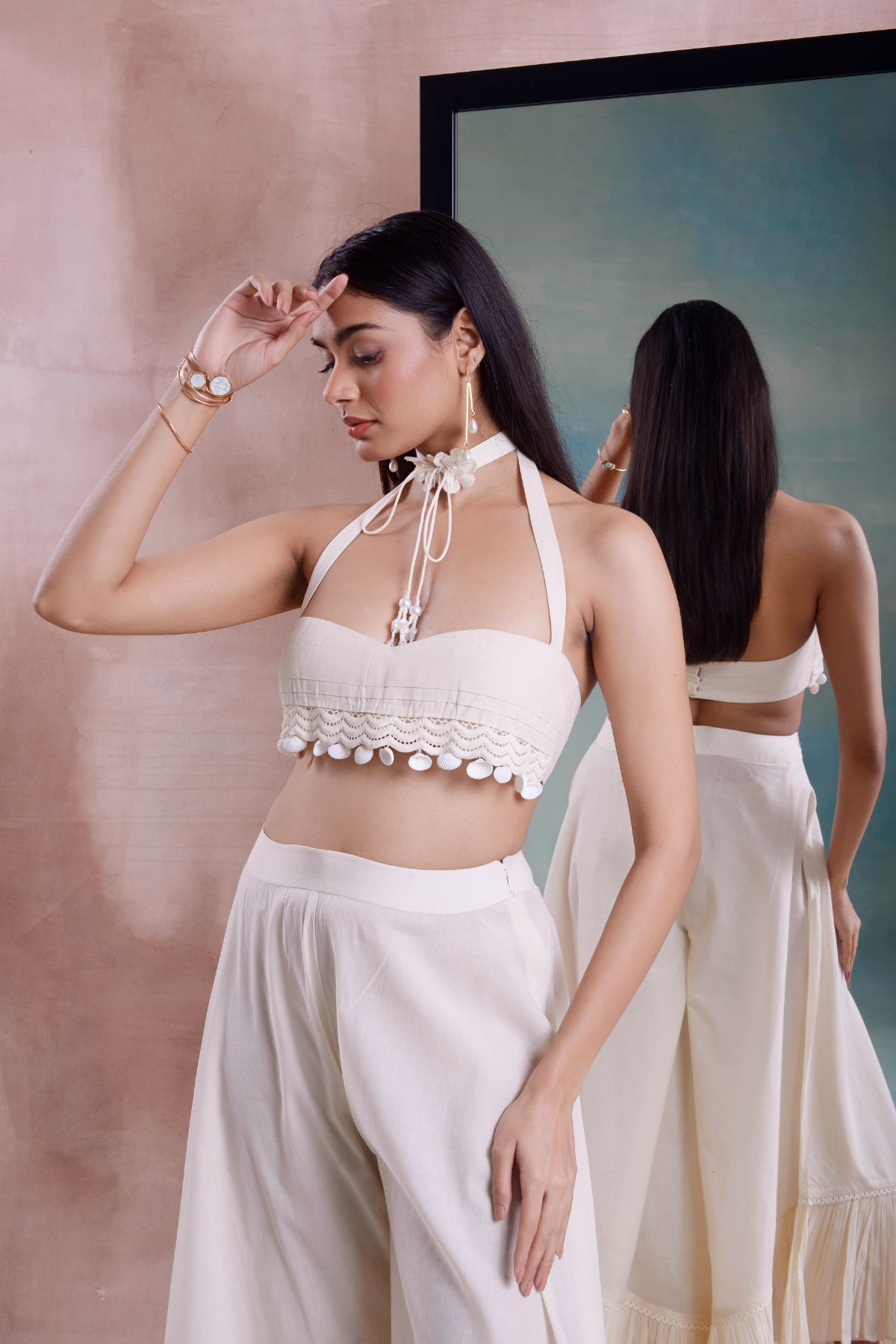 Frill Cropped Pants with Pleated Bustier