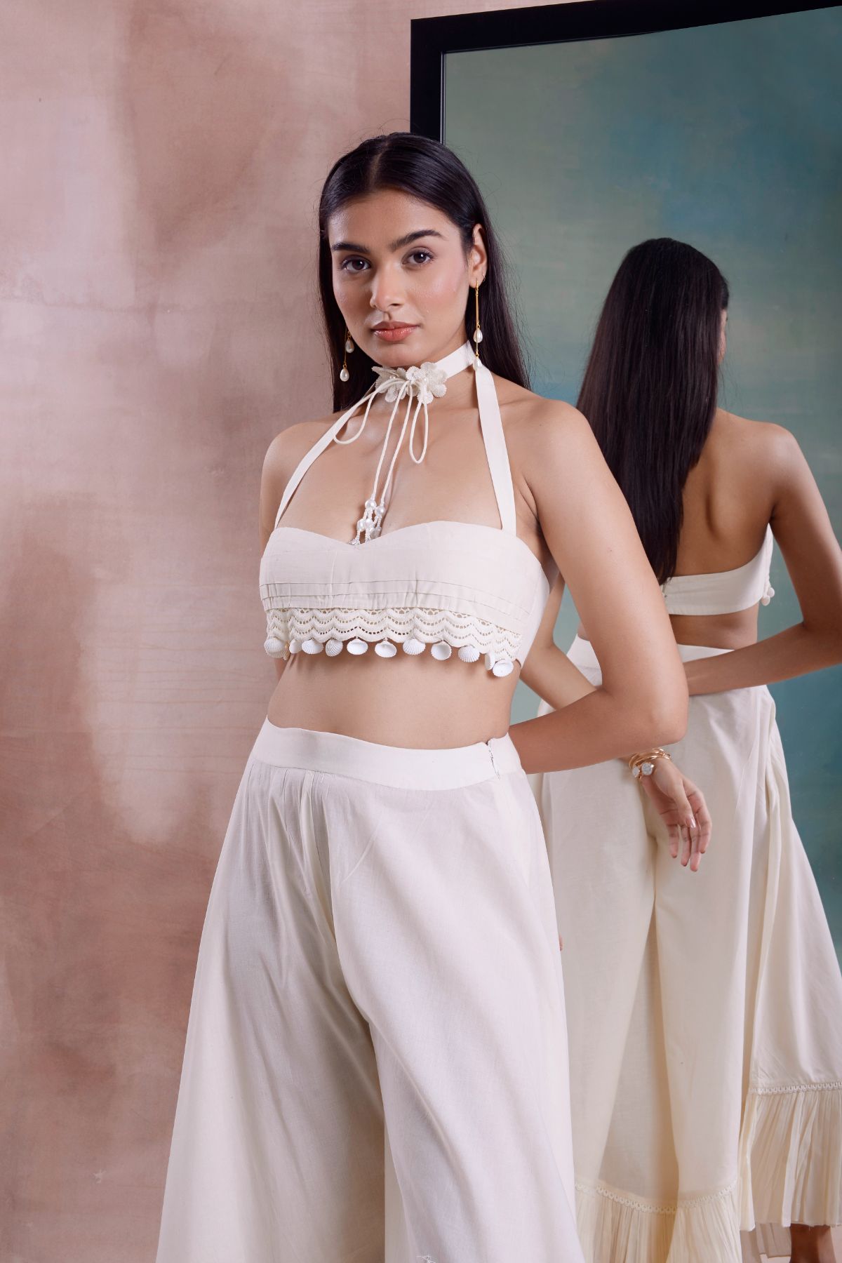 Frill Cropped Pants with Pleated Bustier