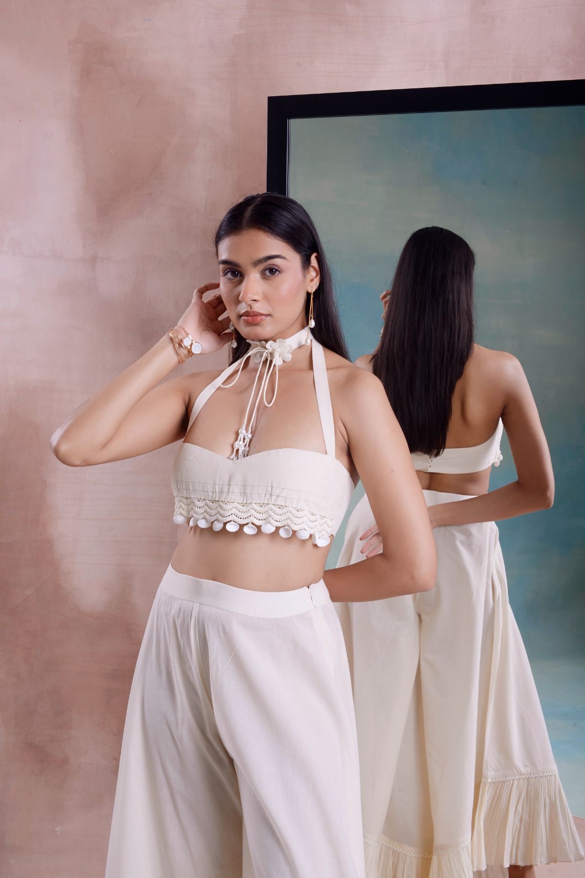 Frill Cropped Pants with Pleated Bustier