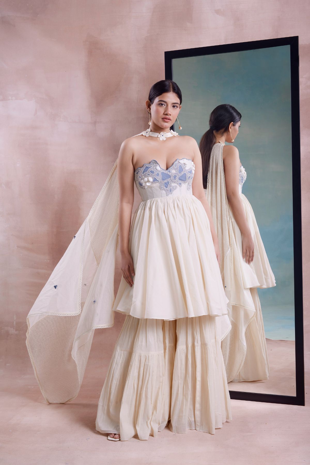 Beaded Corset Tunic with Tiered Sharara