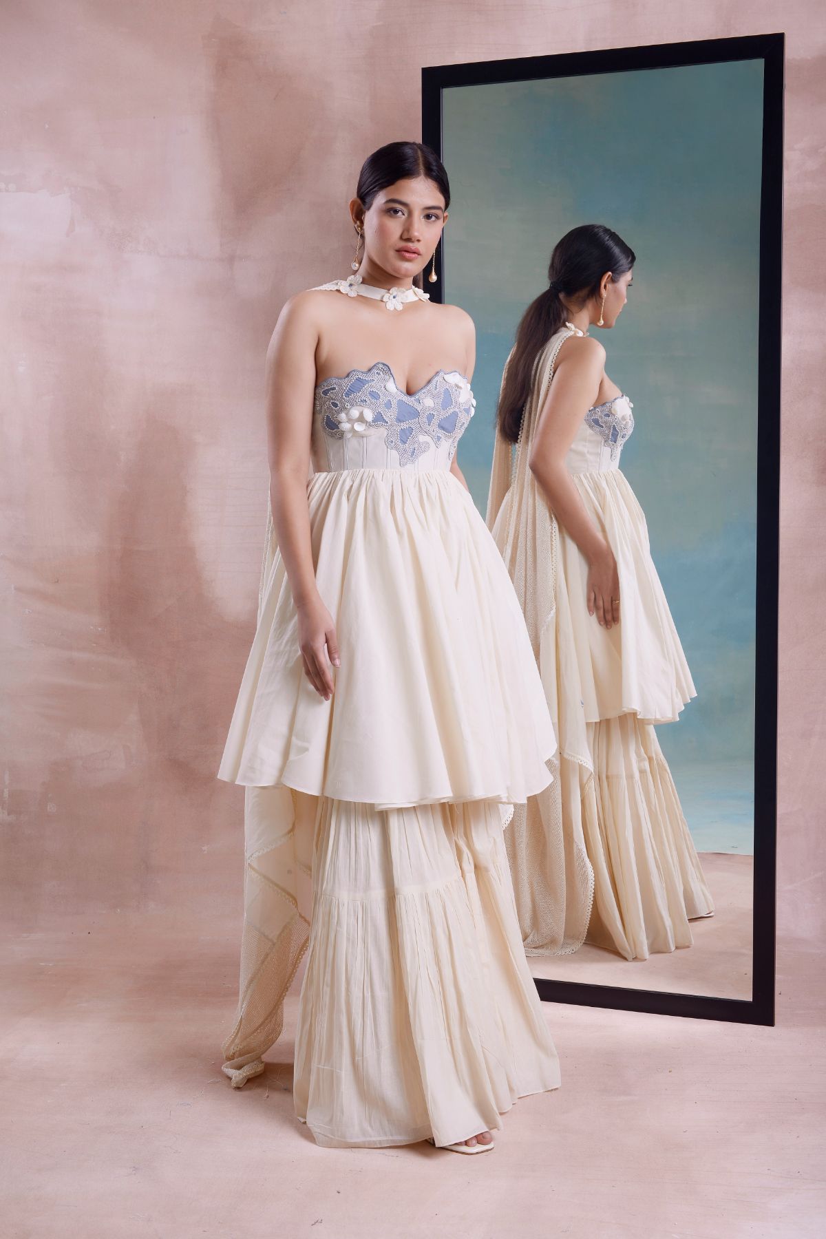 Beaded Corset Tunic with Tiered Sharara