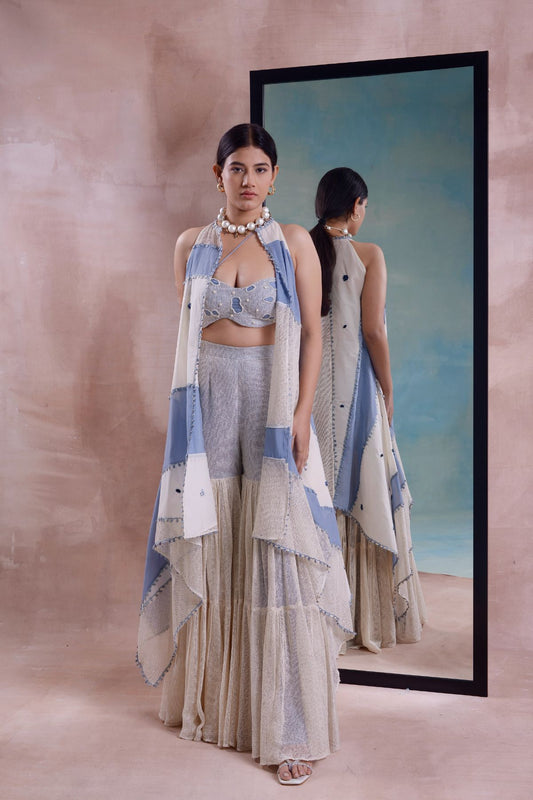 Patchwork Jacket with Mesh Sharara and Bustier